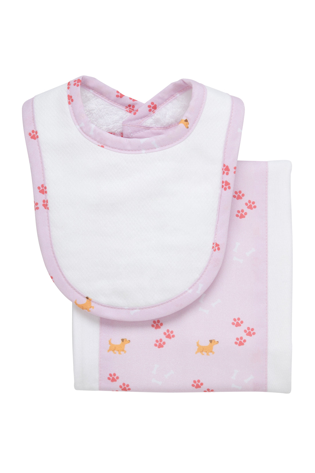 Cotton newborn bib and burp set for baby boy with pink puppy and paw print fabric, 3 Marthas