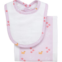 Cotton newborn bib and burp set for baby boy with pink puppy and paw print fabric, 3 Marthas