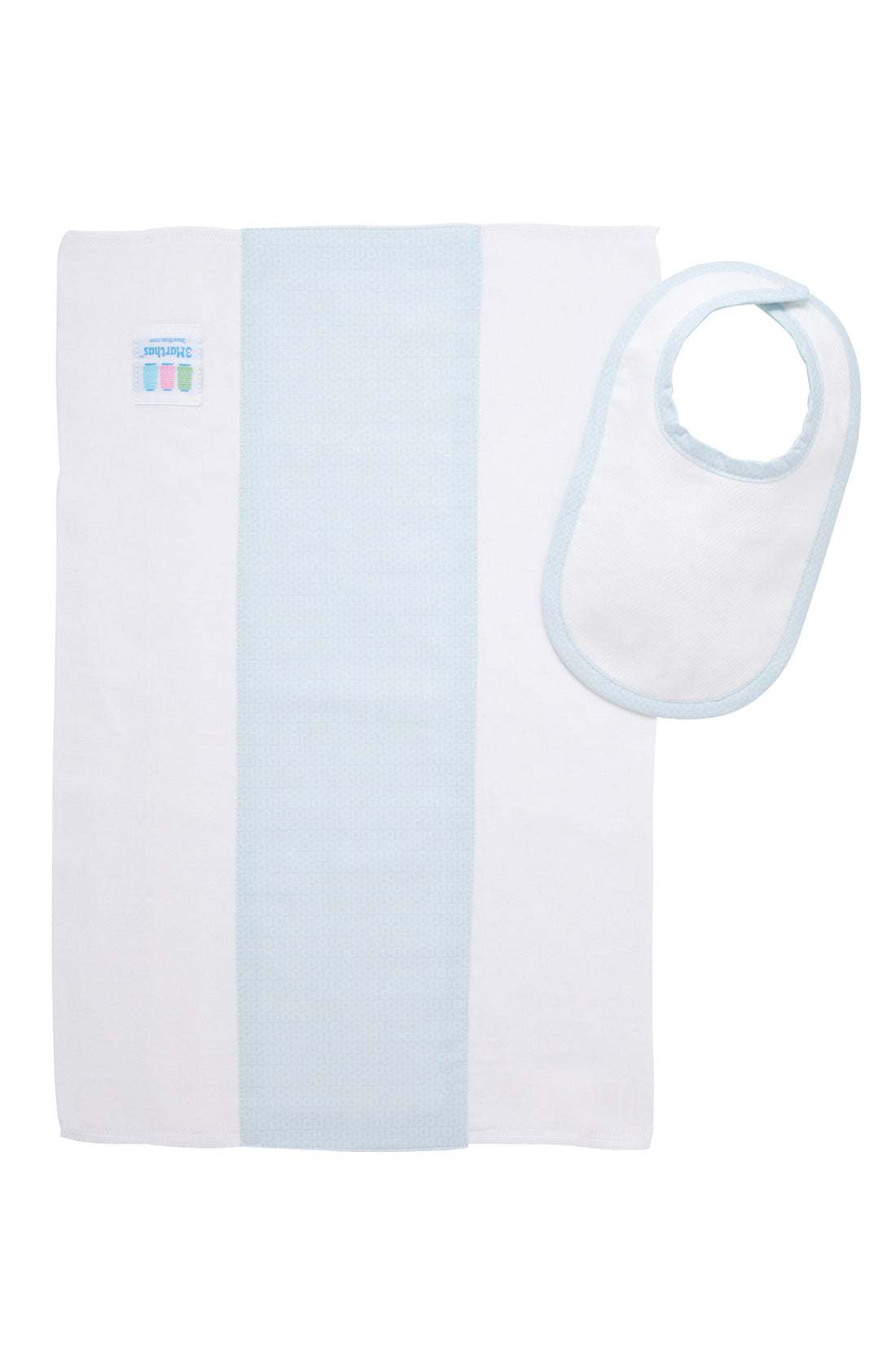 Cotton newborn bib and burp set for baby with light blue dot fabric, 3 Marthas