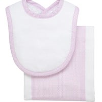 Cotton newborn bib and burp set for baby with light pink dot fabric, 3 Marthas