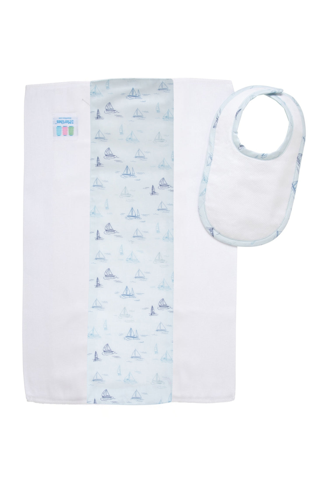 Cotton newborn bib and burp set for baby boy with blue sailboat fabric, 3 Marthas