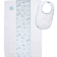 Cotton newborn bib and burp set for baby boy with blue sailboat fabric, 3 Marthas