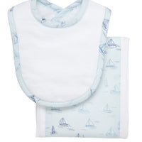Cotton newborn bib and burp set for baby boy with blue sailboat fabric, 3 Marthas