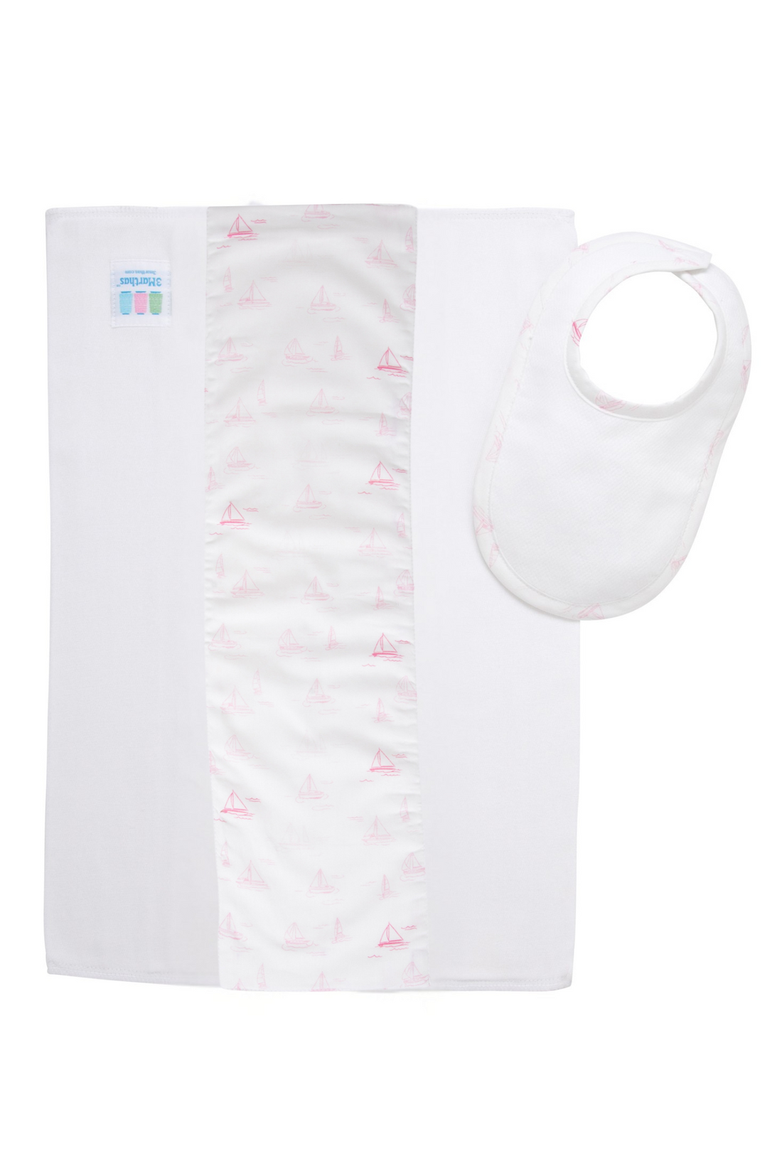 Cotton newborn bib and burp set for baby girl with pink sailboat fabric, 3 Marthas