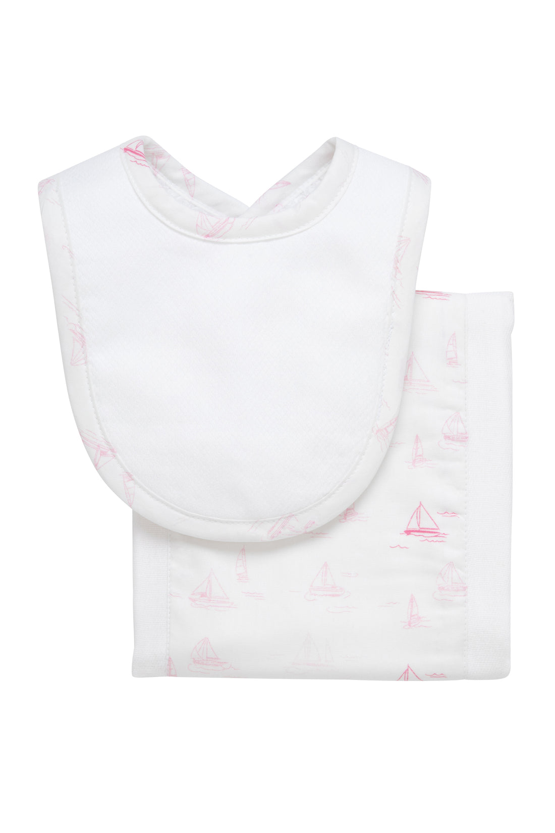 Cotton newborn bib and burp set for baby girl with pink sailboat fabric, 3 Marthas
