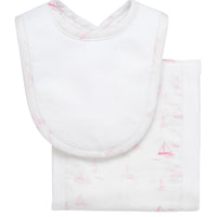 Cotton newborn bib and burp set for baby girl with pink sailboat fabric, 3 Marthas