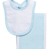 Cotton newborn bib and burp set for baby with aqua stripe fabric, 3 Marthas