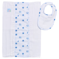 Newborn baby bib and burp cloth set with blue cowboy boot pattern, 3 Marthas