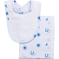 Newborn baby bib and burp cloth set with blue cowboy boot pattern, 3 Marthas