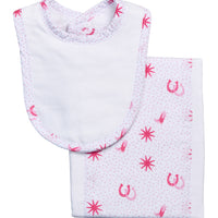 Cowgirl Print Drooler Bib & Burp Set, Pink