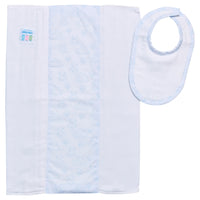 Cotton newborn bib and burp set for baby with blue teddy bear toile fabric, 3 Marthas