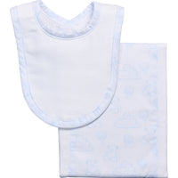 Cotton newborn bib and burp set for baby with blue teddy bear toile fabric, 3 Marthas