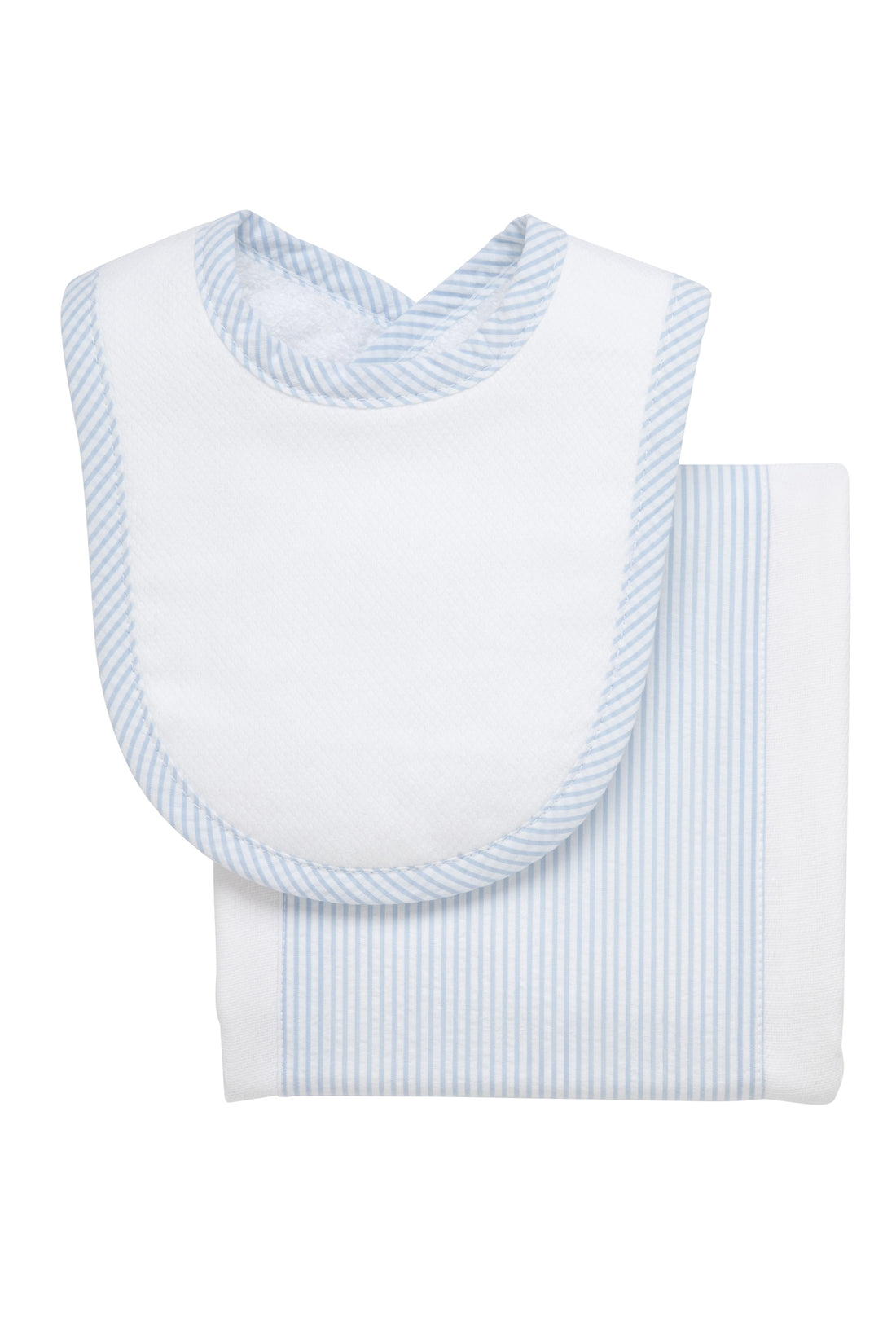 Cotton newborn bib and burp set for baby with blue seersucker stripe fabric, 3 Marthas