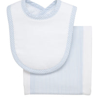 Cotton newborn bib and burp set for baby with blue seersucker stripe fabric, 3 Marthas