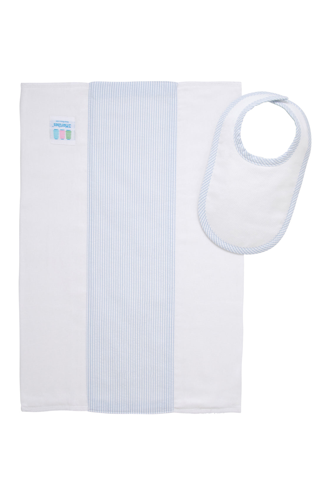 Cotton newborn bib and burp set for baby with blue seersucker stripe fabric, 3 Marthas