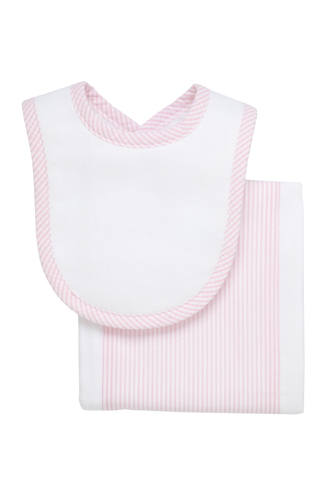 Cotton newborn bib and burp set for baby with pink seersucker stripe fabric, 3 Marthas