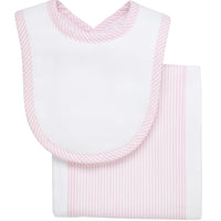 Cotton newborn bib and burp set for baby with pink seersucker stripe fabric, 3 Marthas