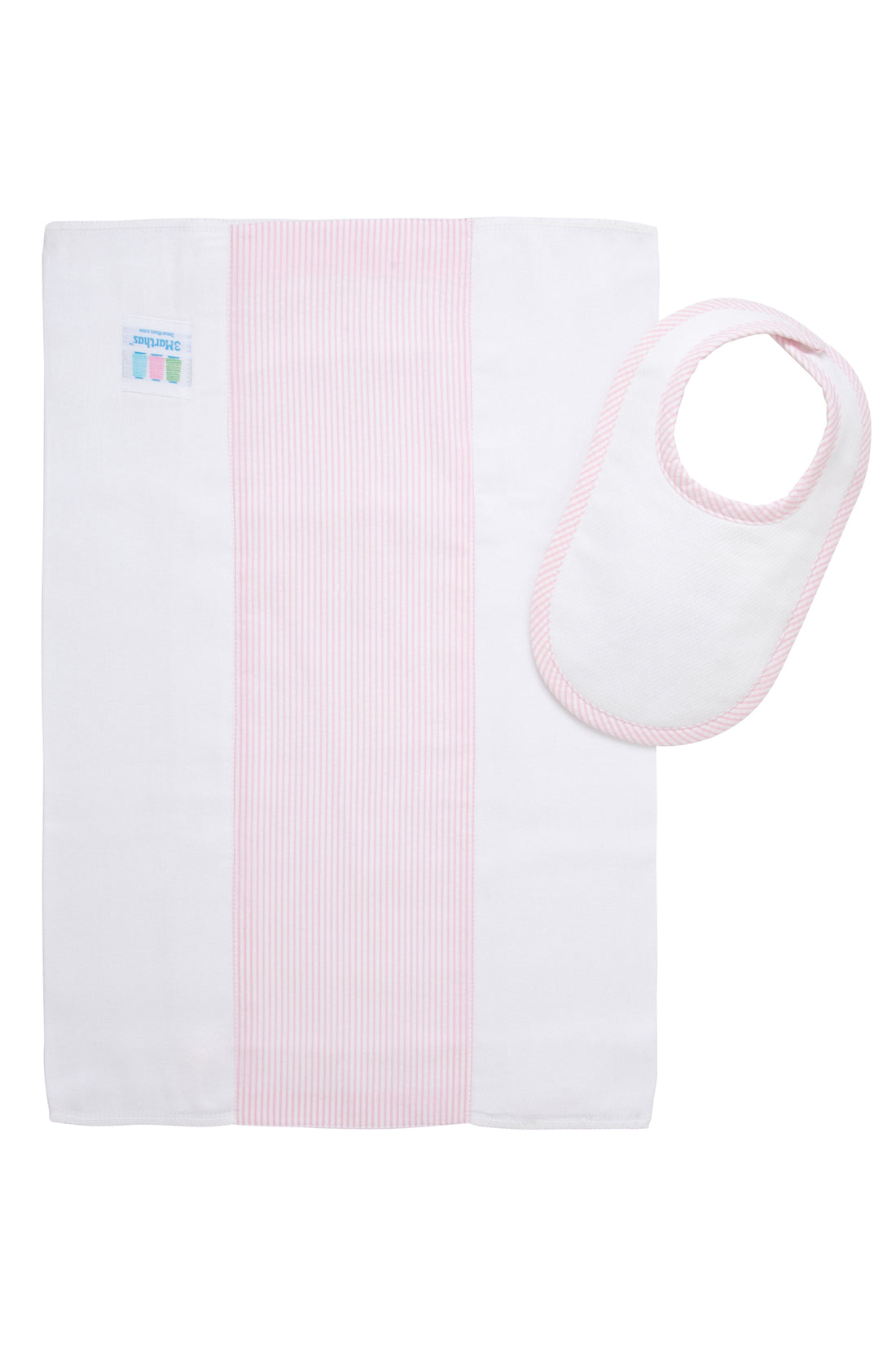 Cotton newborn bib and burp set for baby with pink seersucker stripe fabric, 3 Marthas