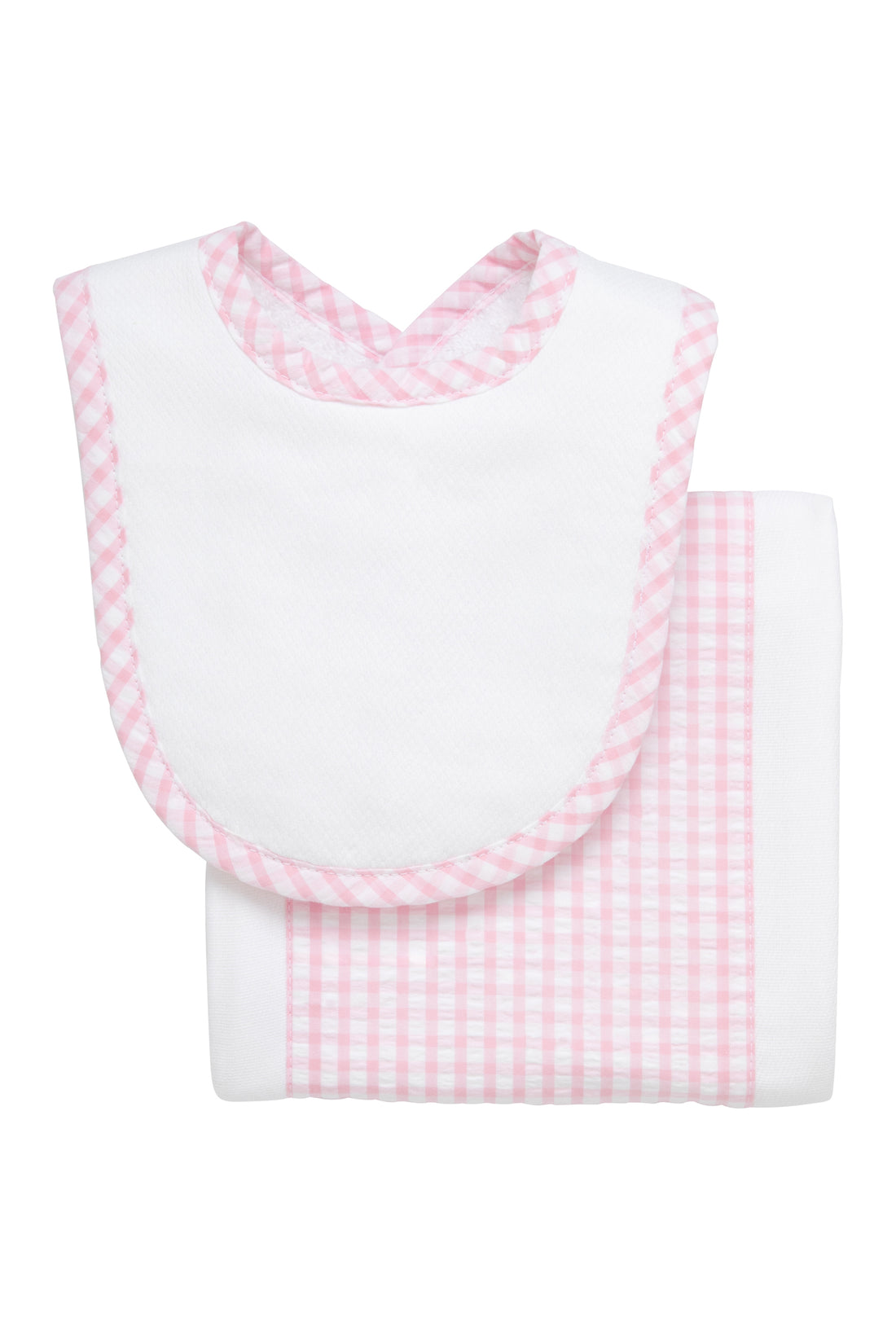 Cotton newborn bib and burp set for baby with pink gingham check fabric, 3 Marthas