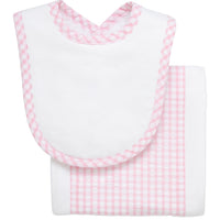 Cotton newborn bib and burp set for baby with pink gingham check fabric, 3 Marthas