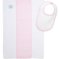 Cotton newborn bib and burp set for baby with pink gingham check fabric, 3 Marthas