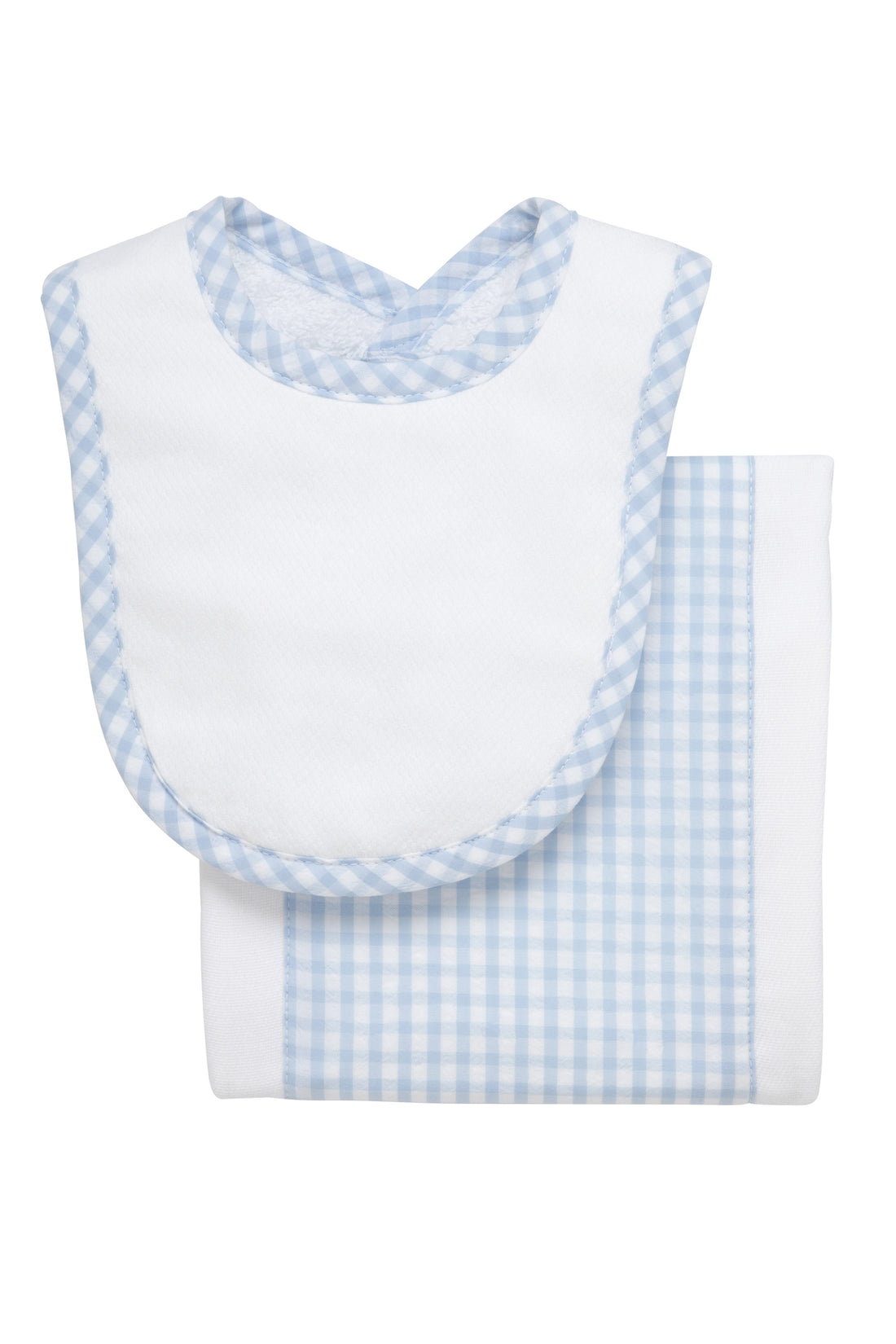 Cotton newborn bib and burp set for baby with blue gingham check fabric, 3 Marthas