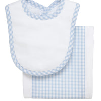 Cotton newborn bib and burp set for baby with blue gingham check fabric, 3 Marthas