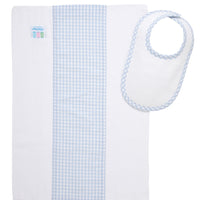 Cotton newborn bib and burp set for baby with blue gingham check fabric, 3 Marthas