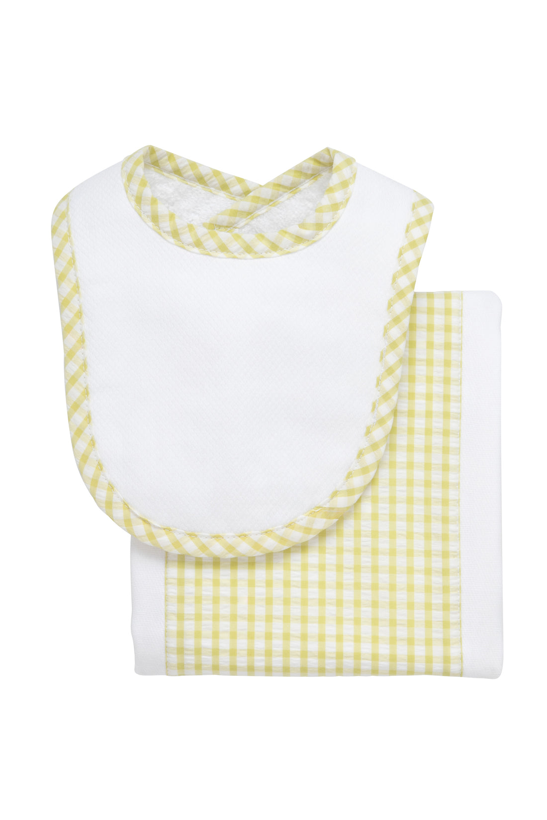 Cotton newborn bib and burp set for baby with green gingham check fabric, 3 Marthas