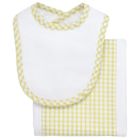 Cotton newborn bib and burp set for baby with green gingham check fabric, 3 Marthas
