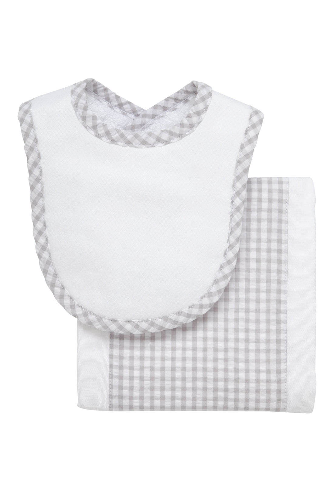 Cotton newborn bib and burp set for baby with gray gingham check fabric, 3 Marthas
