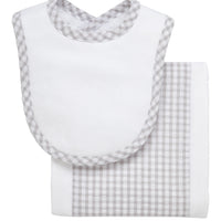 Cotton newborn bib and burp set for baby with gray gingham check fabric, 3 Marthas