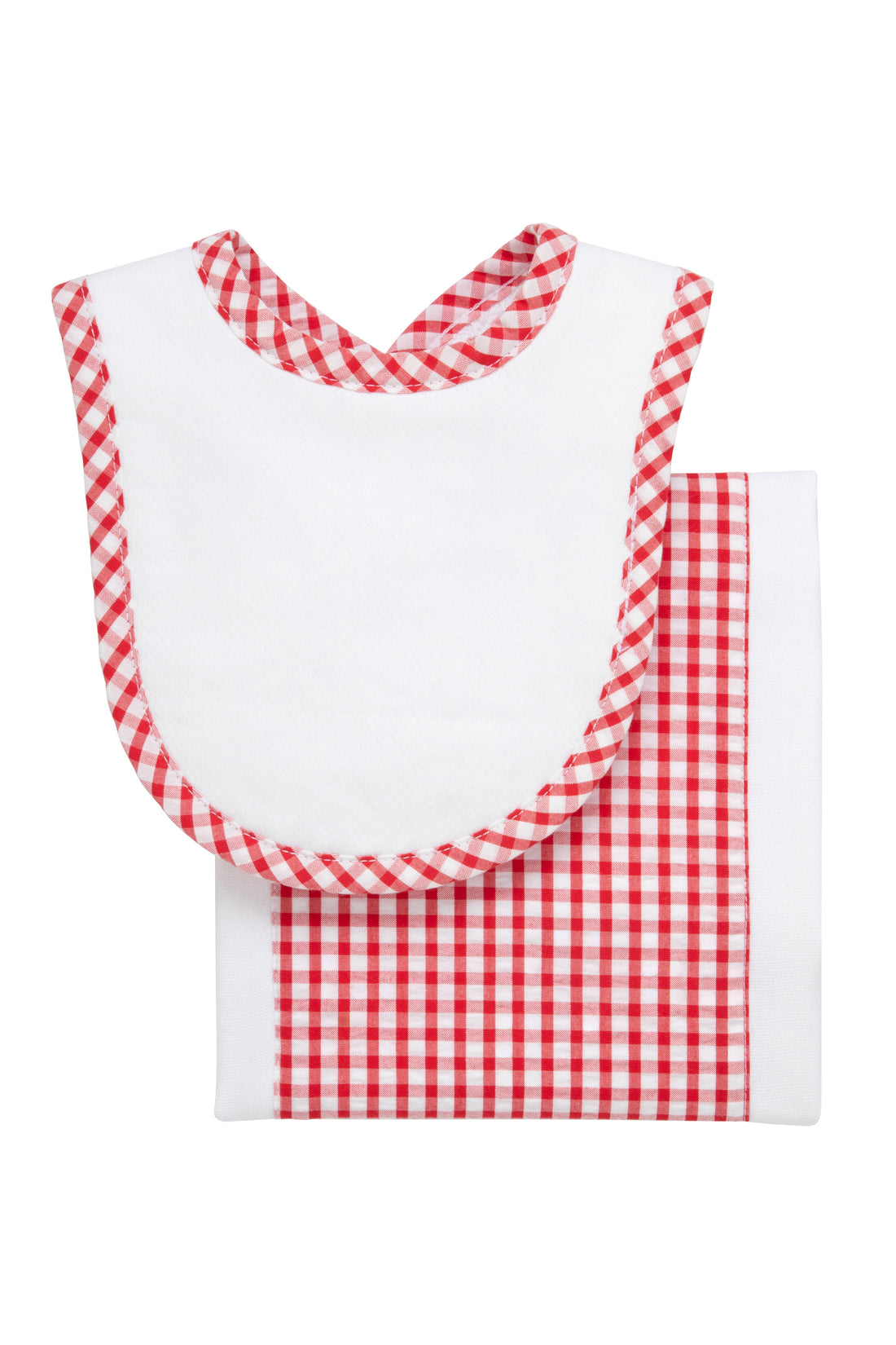Cotton newborn bib and burp set for baby with red gingham check fabric, 3 Marthas