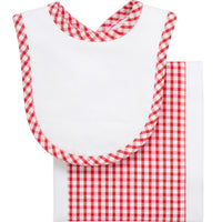 Cotton newborn bib and burp set for baby with red gingham check fabric, 3 Marthas