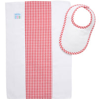 Cotton newborn bib and burp set for baby with red gingham check fabric, 3 Marthas