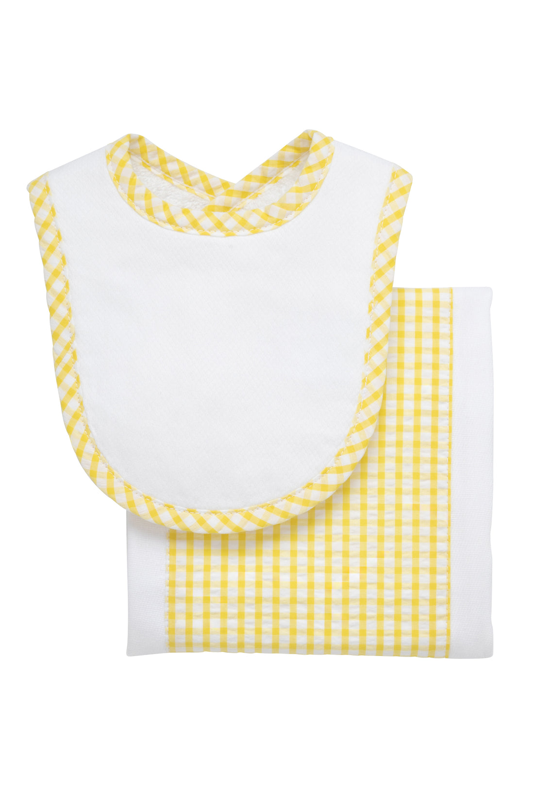 Cotton newborn bib and burp set for baby with yellow gingham check fabric, 3 Marthas