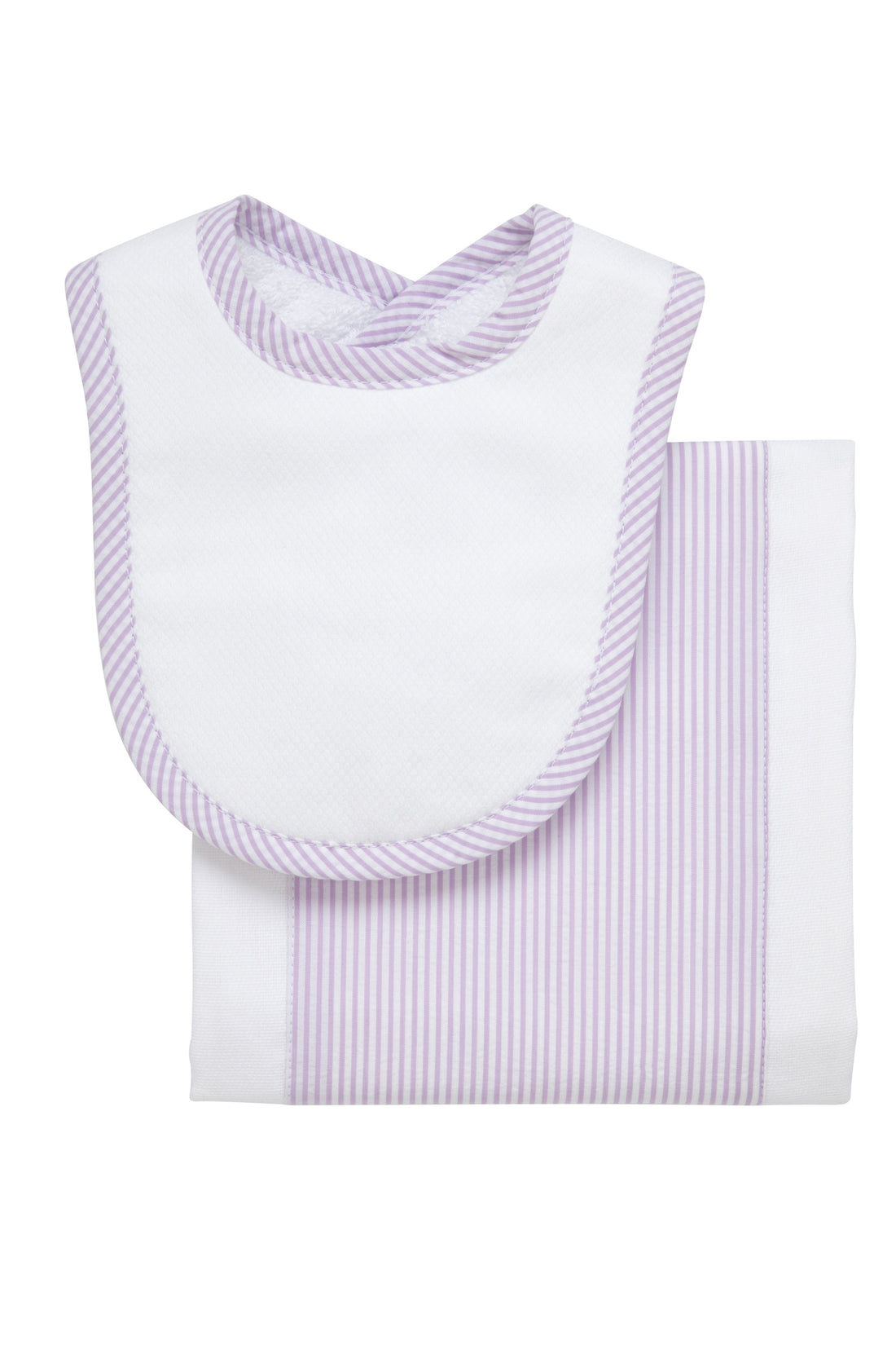 Cotton newborn bib and burp set for baby with purple seersucker stripe fabric, 3 Marthas