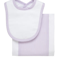 Cotton newborn bib and burp set for baby with purple seersucker stripe fabric, 3 Marthas