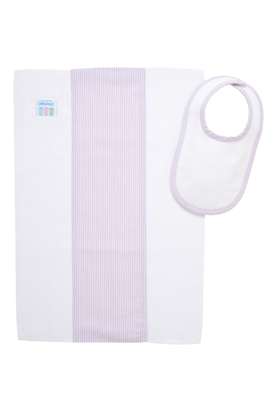 Cotton newborn bib and burp set for baby with purple seersucker stripe fabric, 3 Marthas