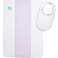 Cotton newborn bib and burp set for baby with purple seersucker stripe fabric, 3 Marthas