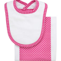 Cotton newborn bib and burp set for baby girl with pink dot fabric, 3 Marthas