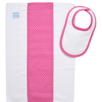 Cotton newborn bib and burp set for baby girl with pink dot fabric, 3 Marthas