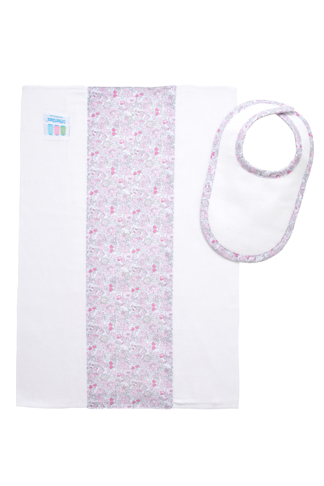 Cotton newborn bib and burp set for baby with pink floral fabric, 3 Marthas