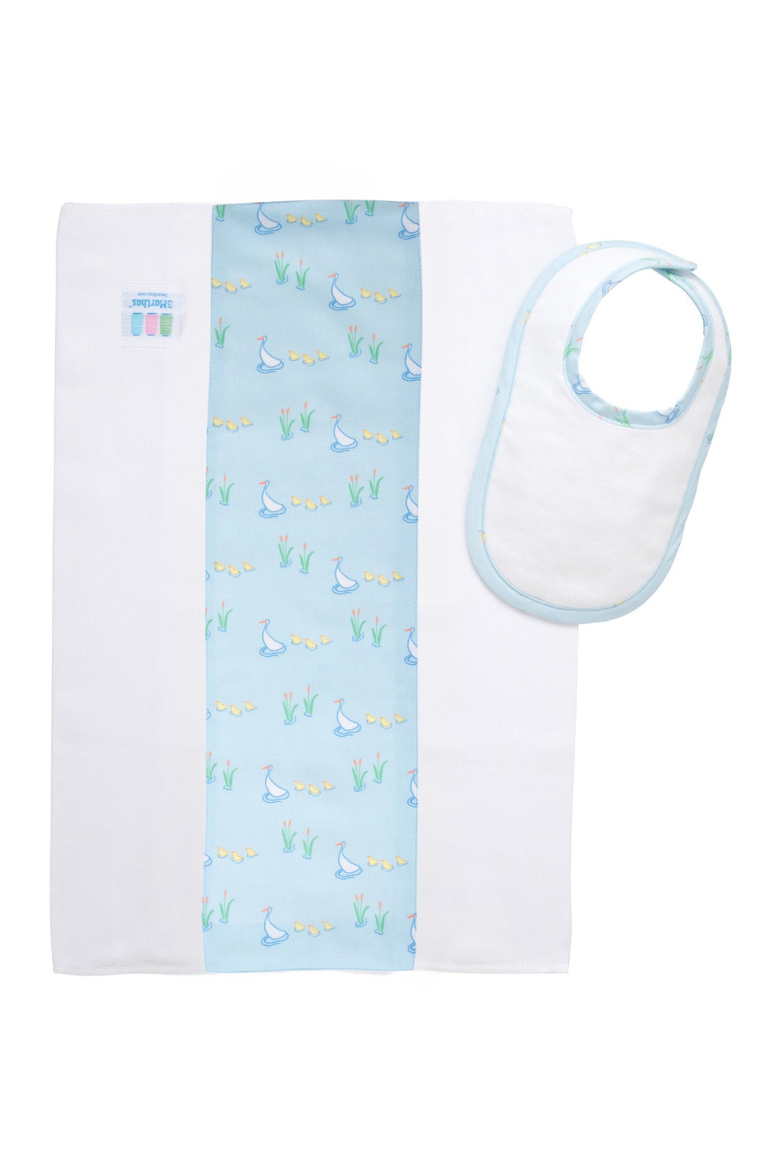 Cotton newborn bib and burp set for baby with blue duck print fabric, 3 Marthas