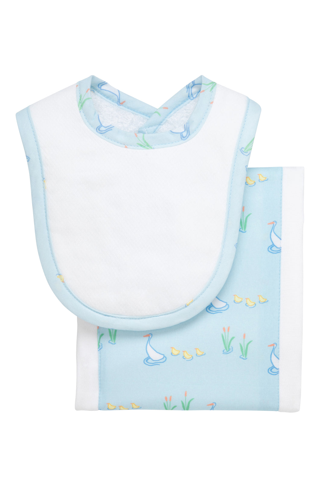Cotton newborn bib and burp set for baby with blue duck print fabric, 3 Marthas