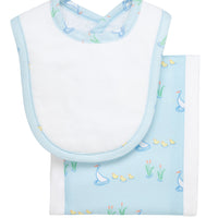 Cotton newborn bib and burp set for baby with blue duck print fabric, 3 Marthas