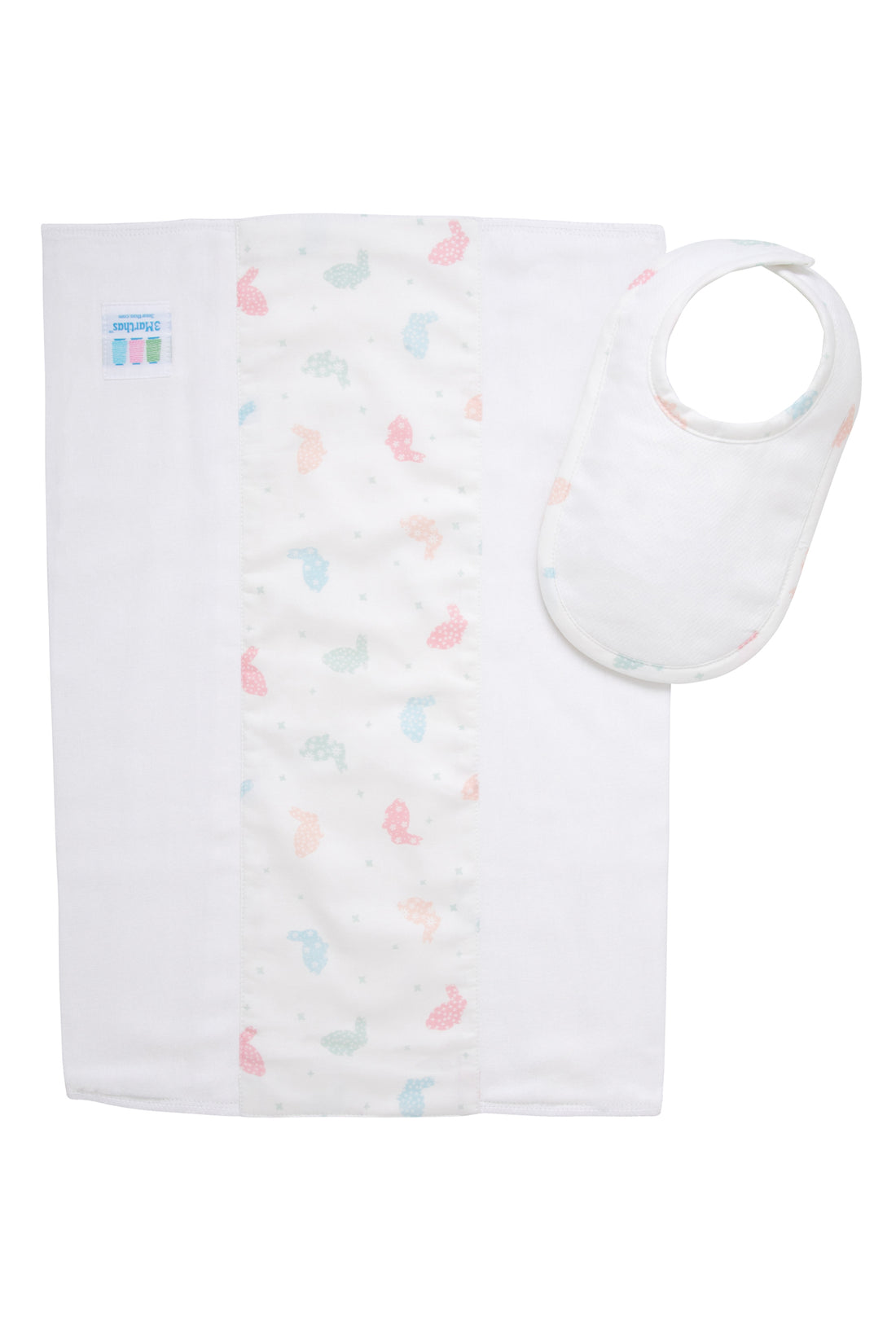 Cotton newborn bib and burp set for baby with pastel bunny print fabric, 3 Marthas