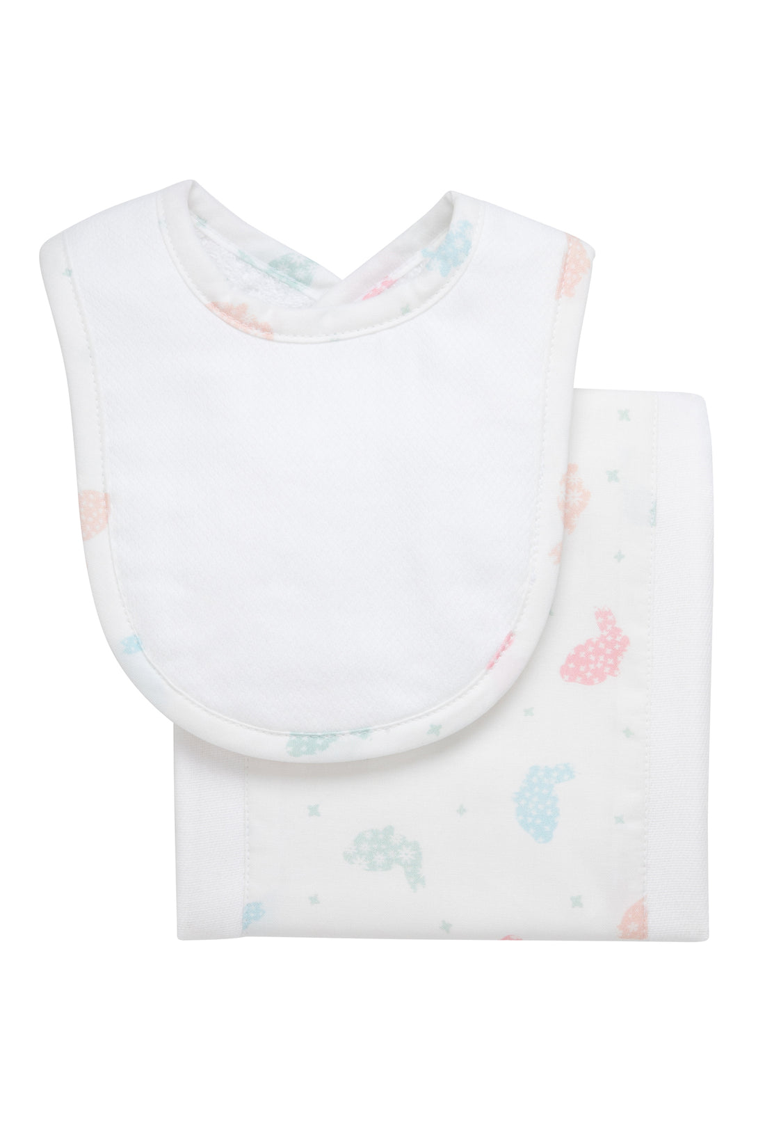 Cotton newborn bib and burp set for baby with pastel bunny print fabric, 3 Marthas