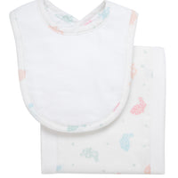 Cotton newborn bib and burp set for baby with pastel bunny print fabric, 3 Marthas