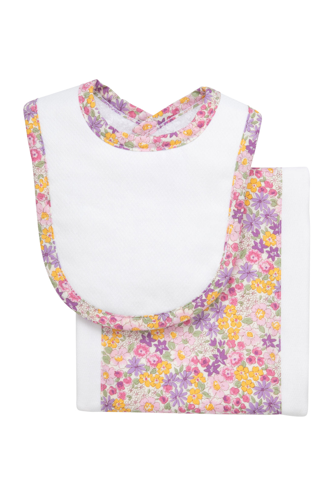 Cotton newborn bib and burp set for baby girl with pink and purple floral fabric, 3 Marthas